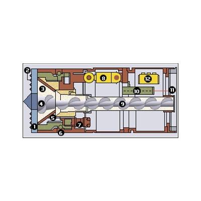 Rys. 8. Schemat przekroju przez urządzenie do mikrotunelowania: 1) tarcza wiertnicza, 2) zęby skrawające, 3) komora kruszenia, 4) wiertło ślimakowe, 5) dysza, 6) łożysko, 7) silnik, 8) siłownik hydrauliczny sterujący tarczą, 9) przenośnik ślimakowy, 10) elektroniczny odbiornik wiązki laserowej, 11) wiązka laserowa, 12) zespół zaworów