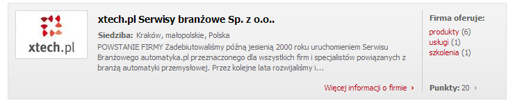 Wygląd elementu listy w katalogu branżowym na przykładzie firmy z pakietem Standard lub Starter w serwisie automatyka.pl